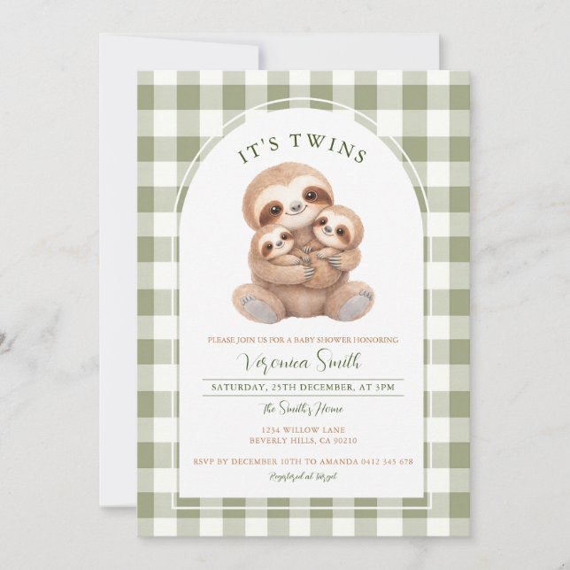 Green Gingham Twin Sloth Baby Shower Invitation (Devant)