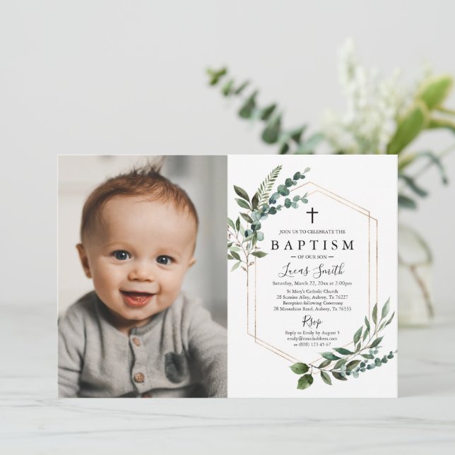 Green Gold Cross Baptism Invitation Christening (Debout devant)