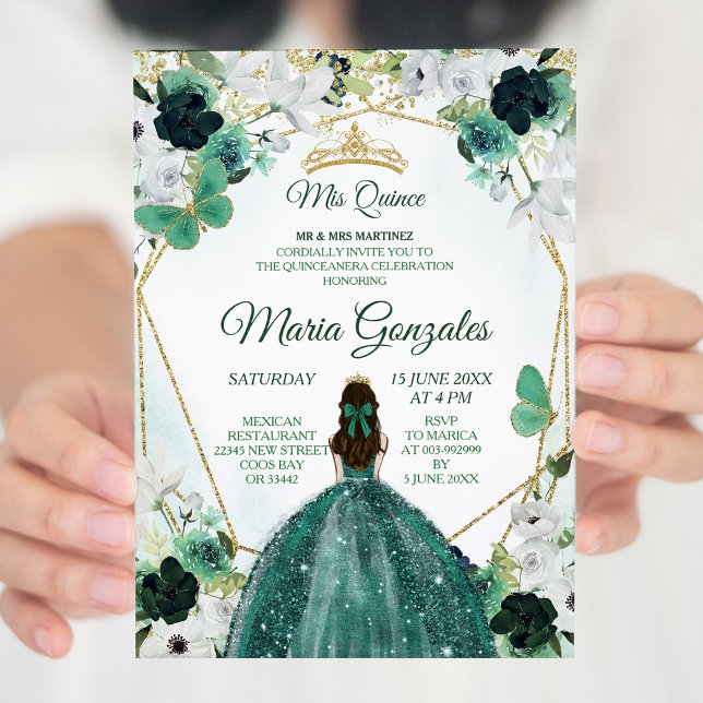 Green & Gold Floral Charra QUINCEAÑERA Invitation (Créateur téléchargé)
