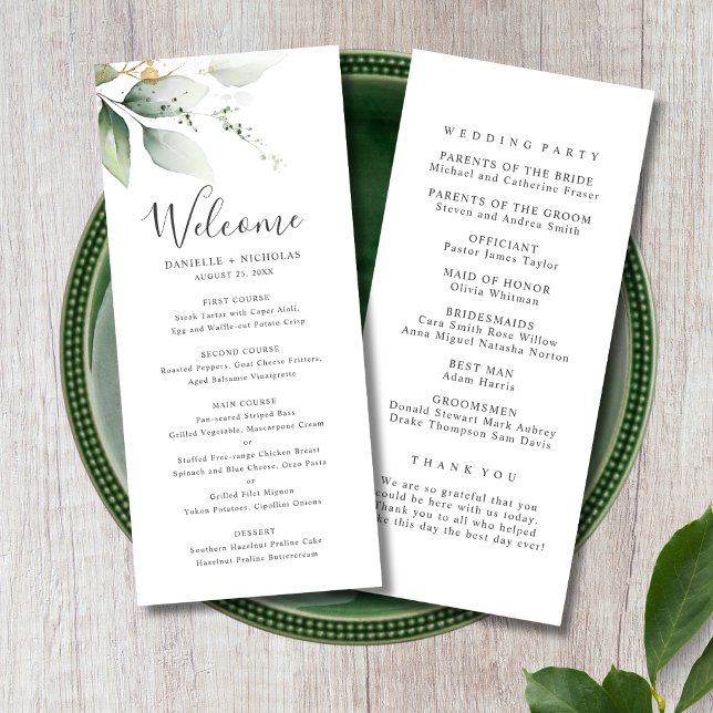 Green Gold Garden Programme de mariage (Watercolor Wedding Menu)