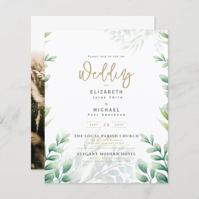 Green Gold PHOTO Mariage Inviter BUDGET (Devant / Derrière)