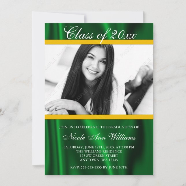 Green Gold Satin Faire-part de graduation photo (Devant)