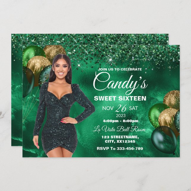 Green & Gold Sweet 16 Girl Birthday Invitation (Devant / Derrière)