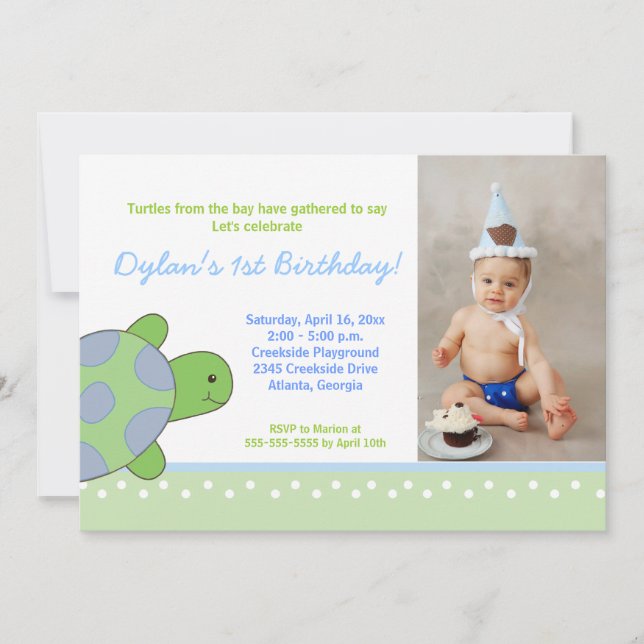 Green Happy Sea Turtle Invitation Anniversaire 5x7 (Devant)