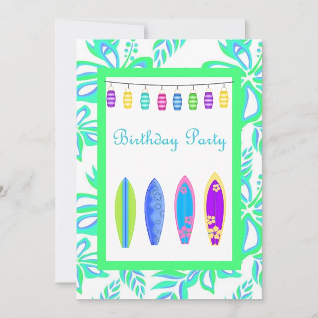 GREEN Hawaiian PARTY INVITATION surf (Devant)