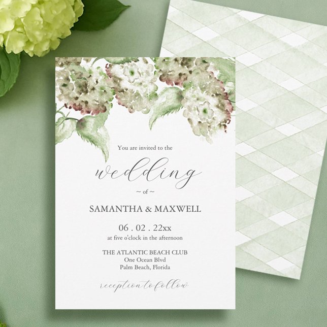 Green Hydrangea Informal Wedding Invitation (Informal wedding invitations watercolor green hydrangeas by Victoria Grigaliunas of Do Tell A Belle)