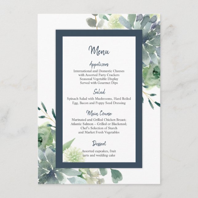 Green & Indigo Blue Succulents White Flowers Menu (Devant)