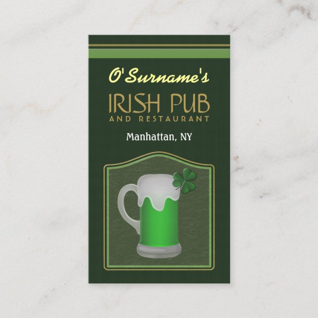 Green Irish Pub Manager Bar Tender Cartes de visit (Devant)
