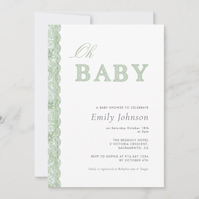 Green Lace Gender Neutral Baby Shower Invitation (Devant)