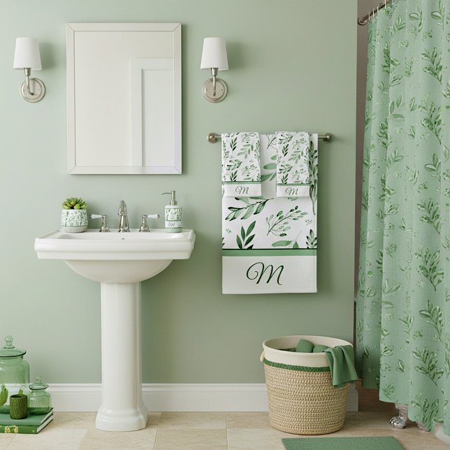 Green leaves  monogram bath towel set (Créateur téléchargé)
