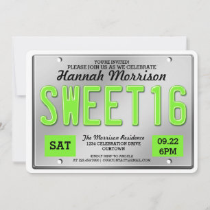 Green License Plate Sweet 16 Parties Invitations
