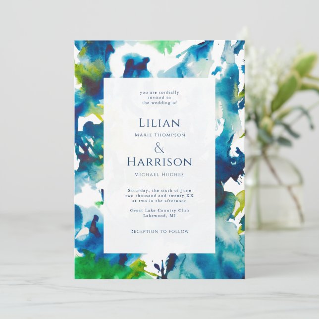 Green Love Abstrait Watercolor Faire-part de maria (Debout devant)