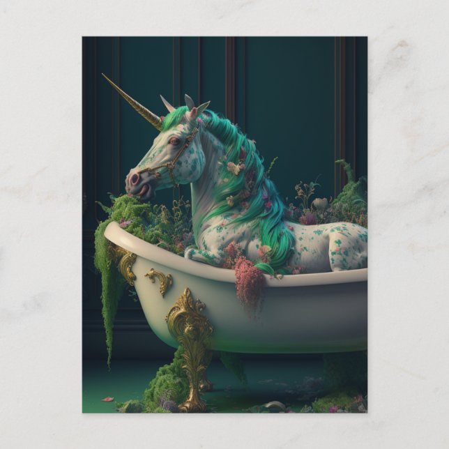Green Mane Unicorn dans la carte postale Tub (Devant)