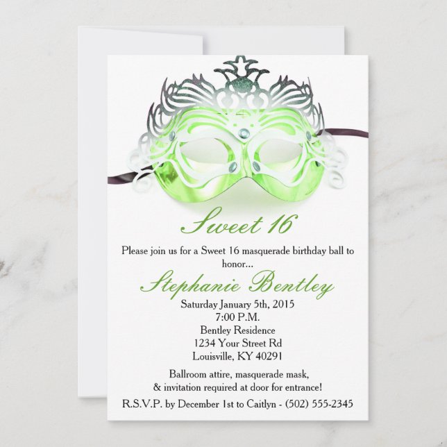 Green Masquerade Sweet 16 Anniversaire Invitation (Devant)