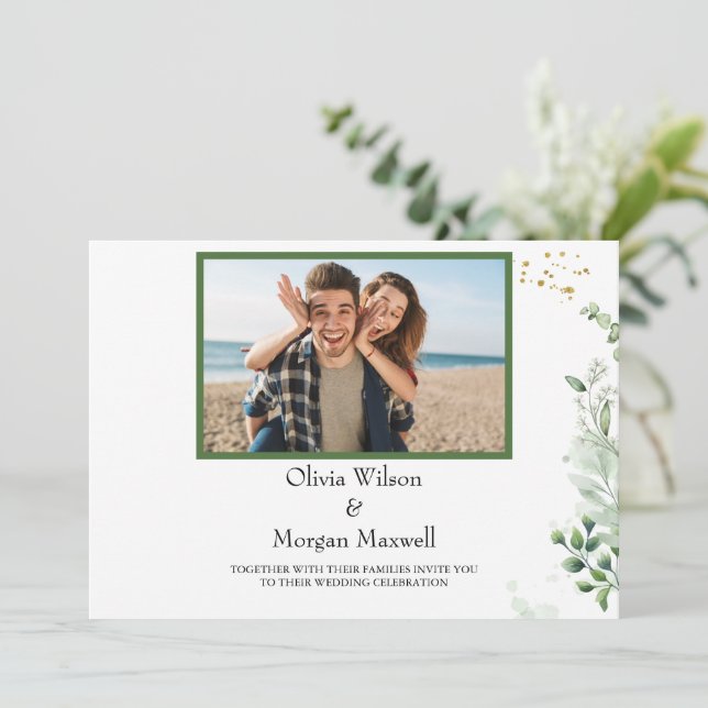 Green Modern Photo Enregistrer La Date Invitation (Debout devant)