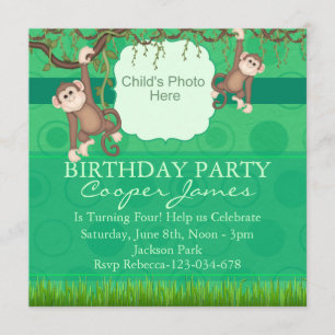 Green Monkey Fun Photo Anniversaire Invitation