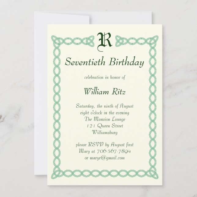 Green Monogramme Invitation d'anniversaire (Devant)