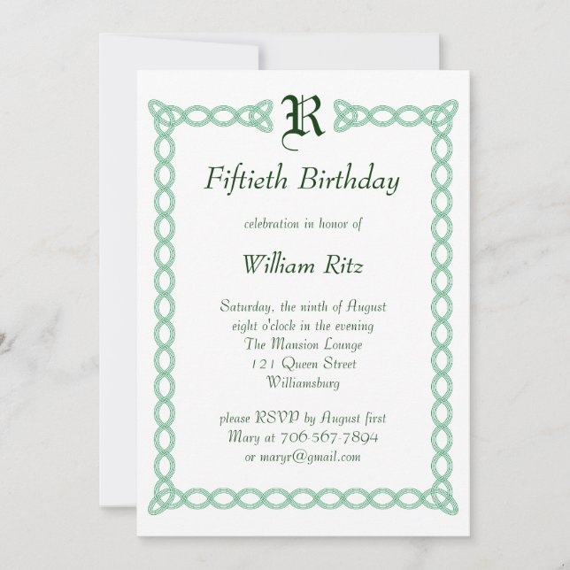 Green Monogramme Invitation d'anniversaire (Devant)