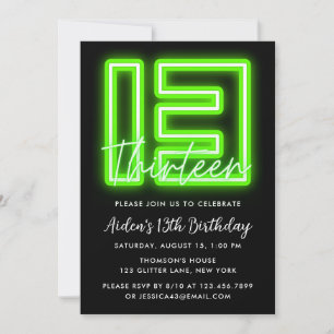 Green Neon 13e anniversaire Invitation