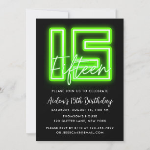 Green Neon 15e anniversaire Invitation