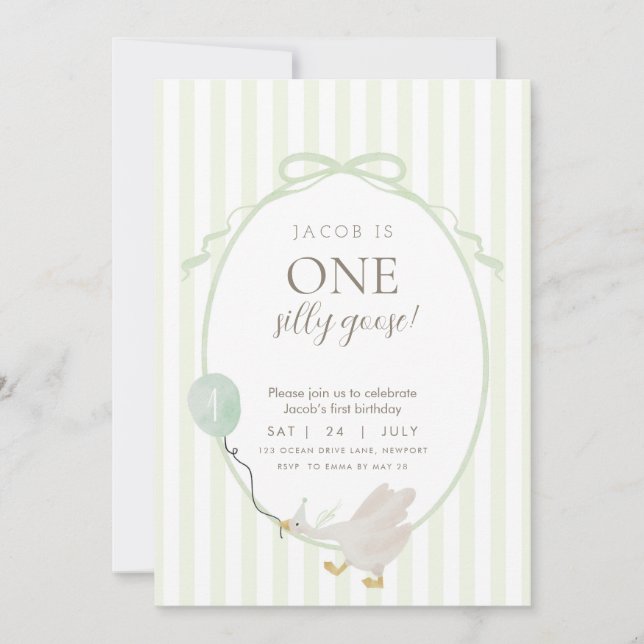 Green One Silly Goose First Birthday Invitation (Devant)