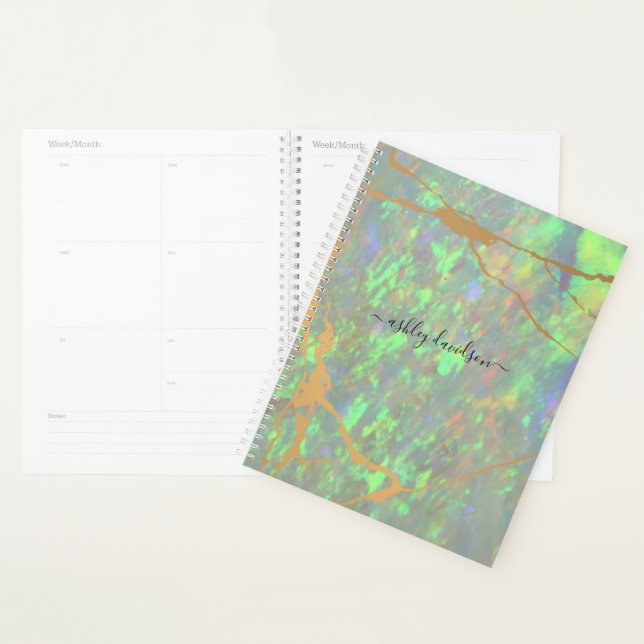 Green Opal Gold Marble Personnalisé Annuel Planner (Devant avec enveloppe)