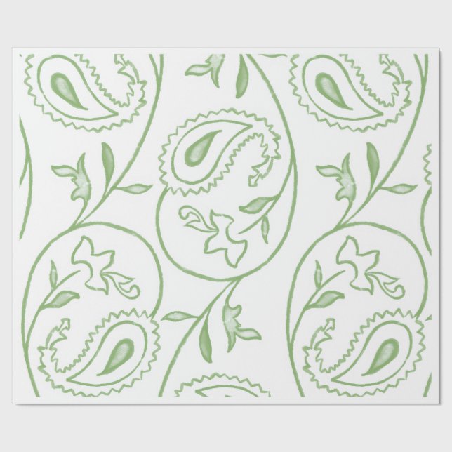 "Green Paisley Bloom" Élégant Papier Cadeau à Moti (Plat)