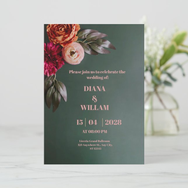 Green Peach Elegant Floral Christmas Invitation (Debout devant)