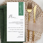 Green Personalized with Guest Nom Elegant Menu<br><div class="desc">Why spend in place cards and menu cards when you can have an elegant All-in-one elegant Menu personalized with each guest name! Contemporain, simple et élégant design with beautiful moderne, calligraphy. Stripe on the top right corner in green with guest name in white Back in solige green as stripe. Ability...</div>