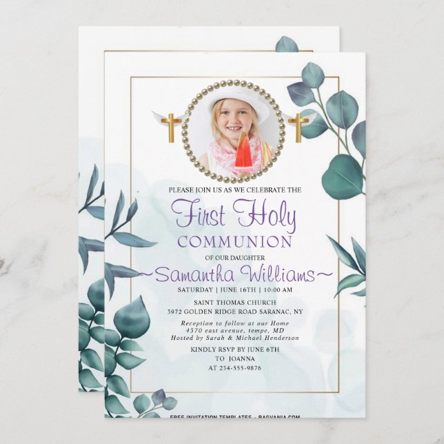 Green Photo First Communion Invitation (Devant / Derrière)