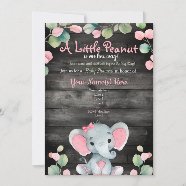 Green Pink Elephant Baby shower invitation Rustiqu (Devant)