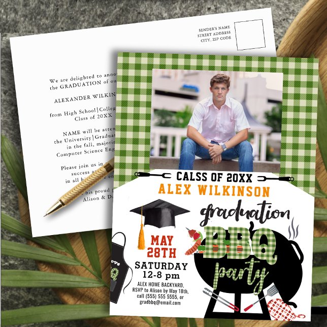 Green Plaid Graduation BBQ Party Photo Invitation (Créateur téléchargé)