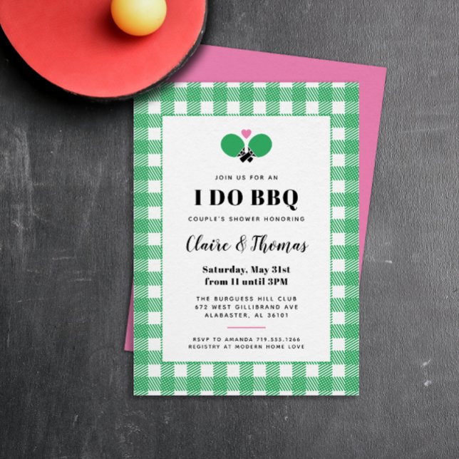 Green Plaid I Do BBQ Ping Pong Invitation (preppy pink, green and white gingham plaid country club I Do BBQ invitation)