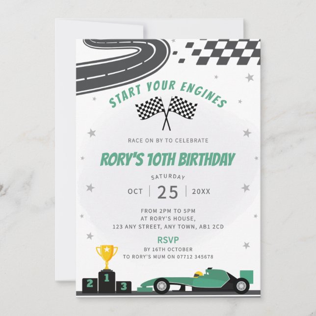 Green Racing Car Anniversaire Fête Invitation (Devant)