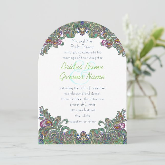 Green Raspberry Blue Mariage damassé Invitation (Debout devant)