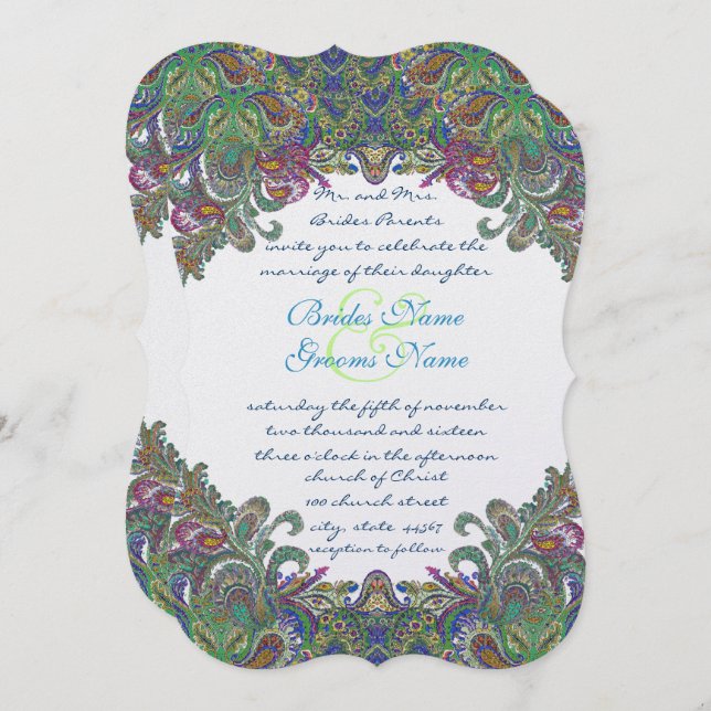 Green Raspberry Blue Mariage damassé Invitation (Devant / Derrière)