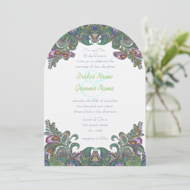 Green Raspberry Blue Mariage damassé Invitation (Debout devant)