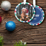 Green Red Starburst Stripes Chien Noël<br><div class="desc">Ornement animal de compagnie pour Noël avec la photo de votre chien à l'intérieur d'un cadre rayé d'entrée en blanc,  bleu,  et différentes nuances de vert. Ajoutez le nom et l'année à l'arrière sous un empreinte de patte.</div>