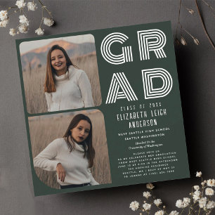 Green Reto Photo Graduation Party Invitation