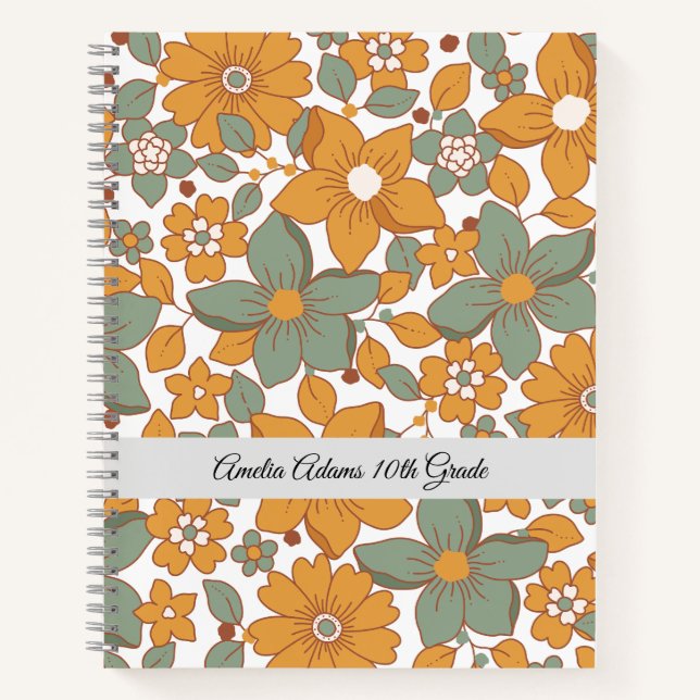 Green Retro Floral School Carnet personnalisable (Devant)
