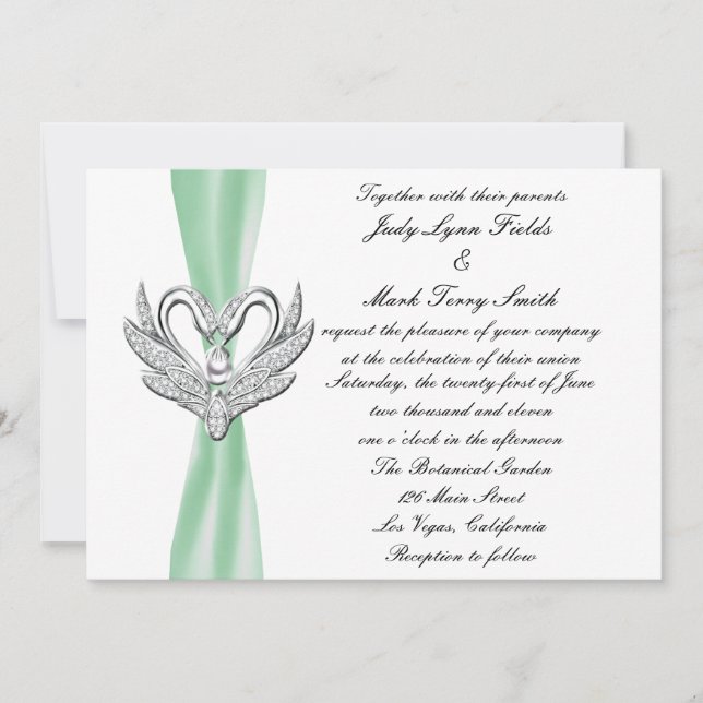Green Ribbon Silver Swans Invitation (Devant)