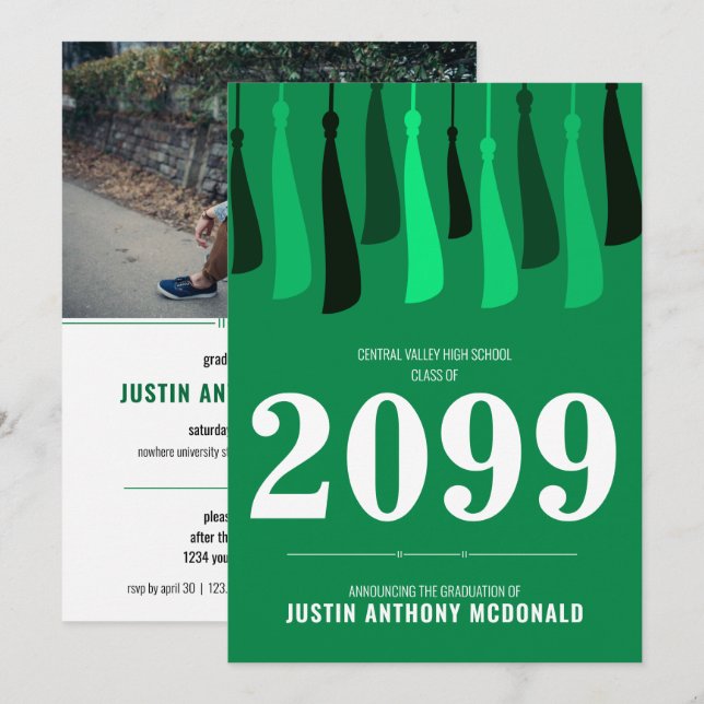 Green Row of Tassels Photo Graduation Invitation (Devant / Derrière)