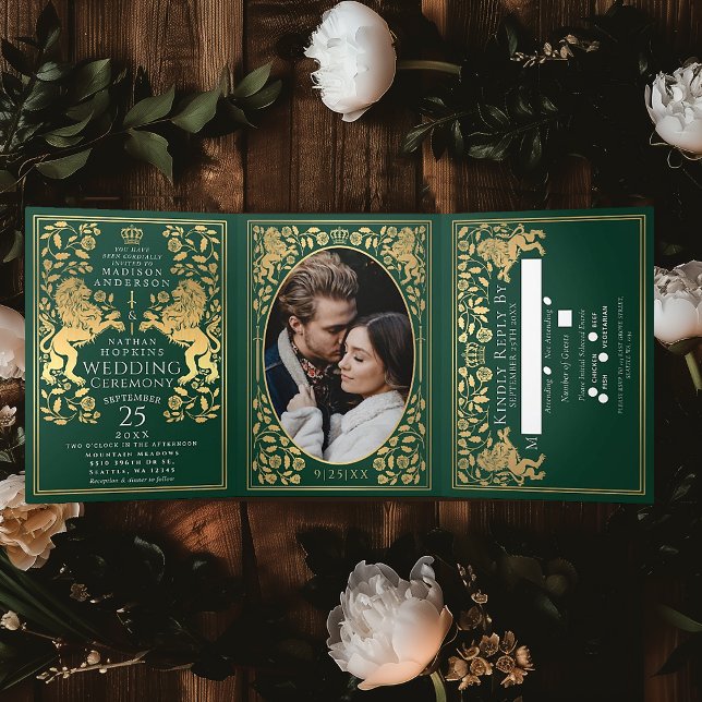 Green Royal Médieval Lion Mariage Tri-Fold (Créateur téléchargé)
