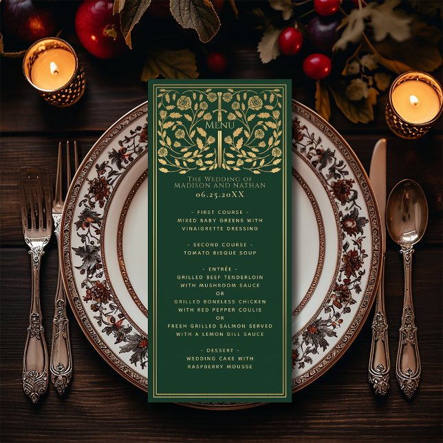 Green Royal Médieval Mariage Flat Menu (Créateur téléchargé)