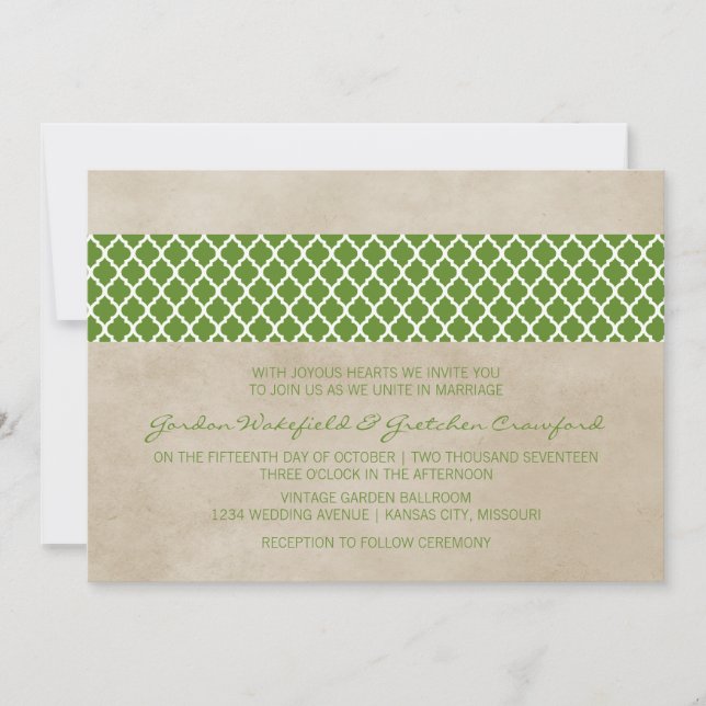 Green Rustic Quatrefoil Mariage Invitation (Devant)