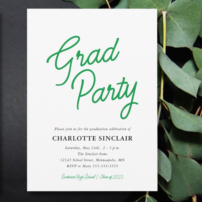 Green Script Simple Budget Grad Party Invitation (Créateur téléchargé)