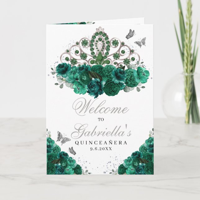 Green & Silver Floral Tiara Quinceanera Programme (Devant)