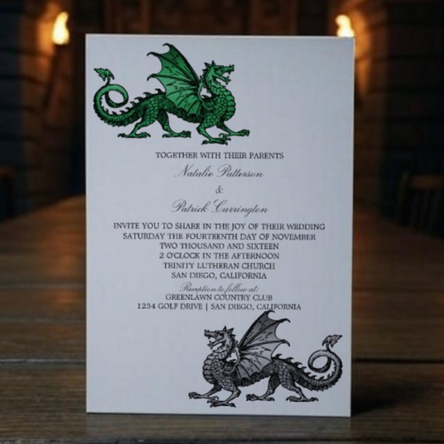 Green Silver Medieval Dragon Wedding Invitation (Green Silver Medieval Dragon Wedding Invite)