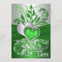 Green, Silver Scrolls, Hearts Faire-part de mariag