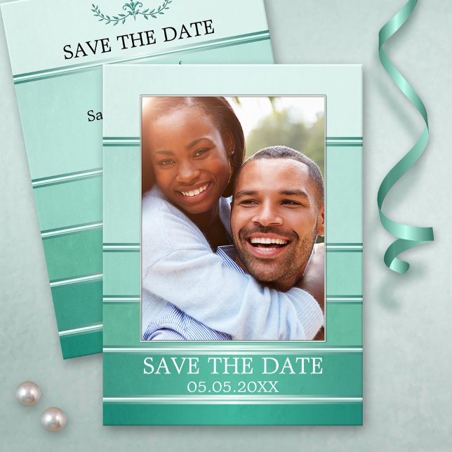 Green Silver Striped Photo Enregistrer la carte Da (Elegant green silver striped Save the Date card featuring your own engagement photo)
